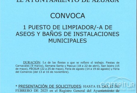 El Ayuntamiento de Azuaga convoca una plaza de limpiador/a de baños en fiestas locales